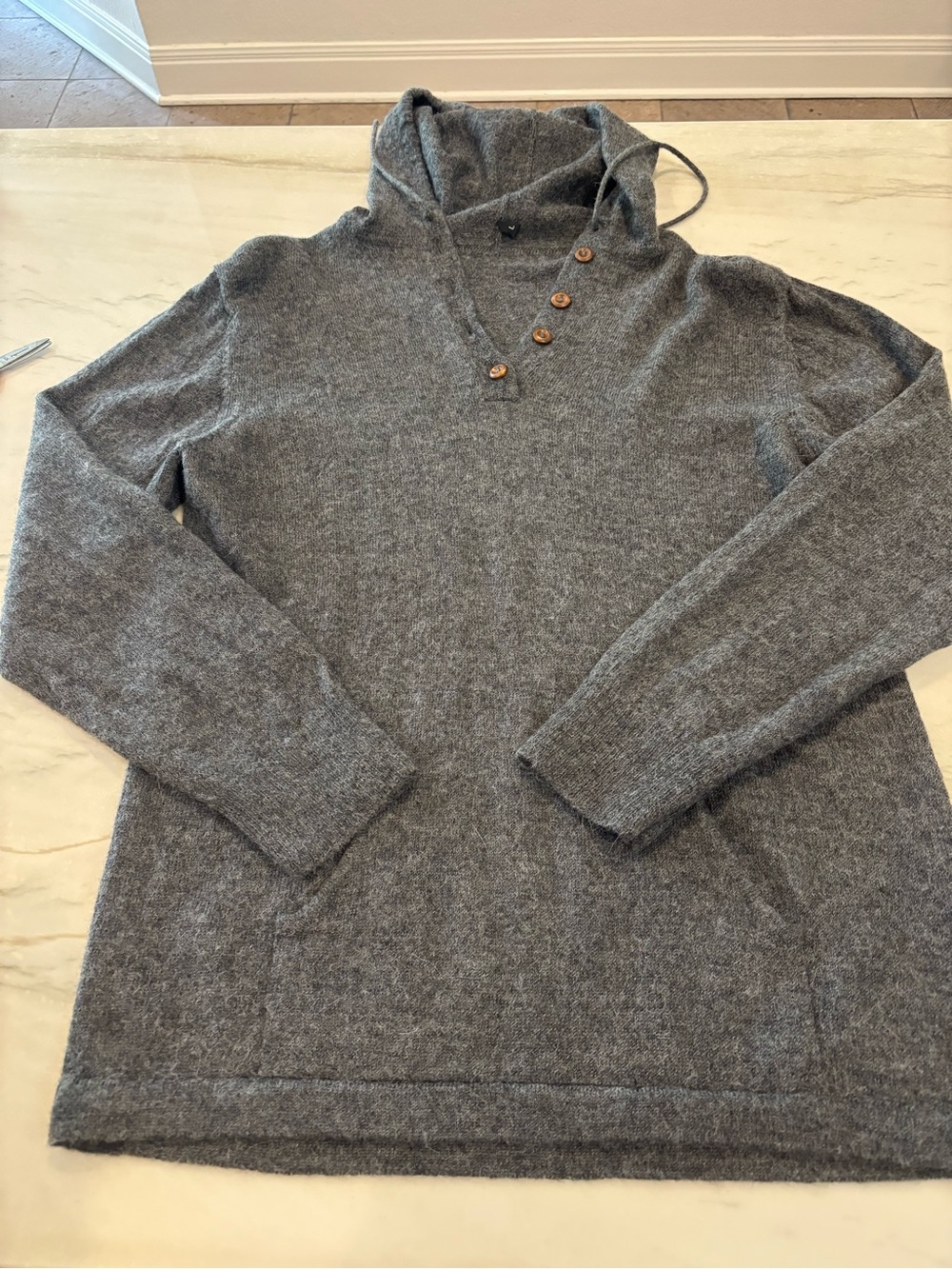 Womens  Heather Gray Hooded Button-Neck Sweater